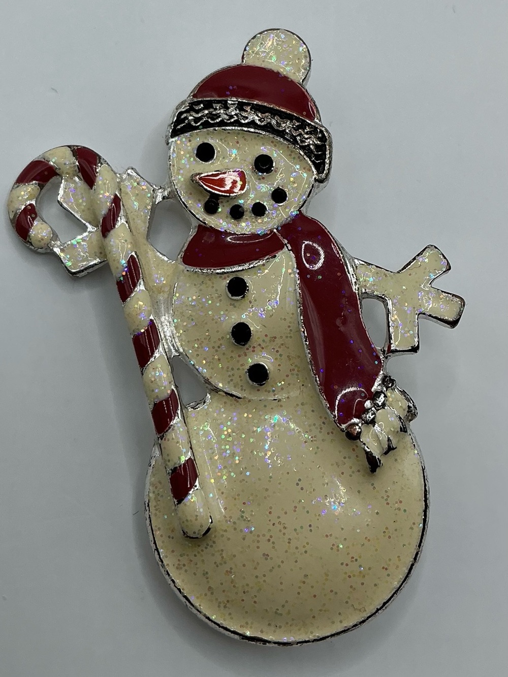 GLITTER CREAM AND RED ENAMEL SNOWMAN CANDY CANE BROOCH